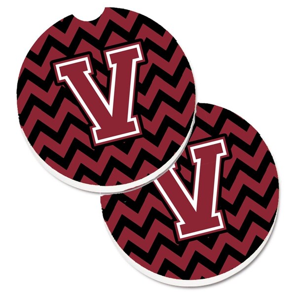 Carolines Treasures Letter V Chevron Garnet and Black Set of 2 Cup Holder Car Coaster CJ1052-VCARC - main